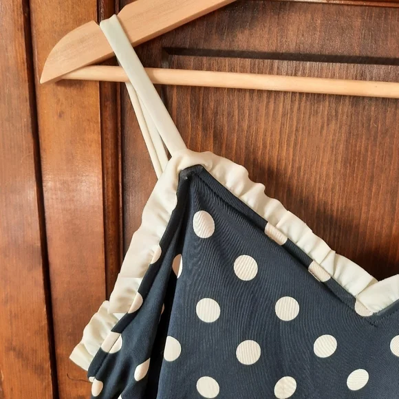 Bettie Page Retro Polka Dot Ruffle Trim One Piece Swim Dress Navy Blue Size 16W - Picture 6 of 16